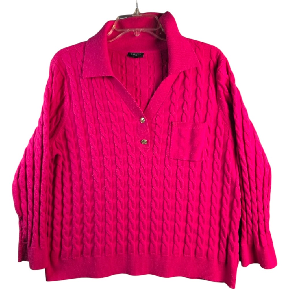 Talbots Plus 2X Pink Cable Knit Polo Sweater Long Sleeve Cotton Blend